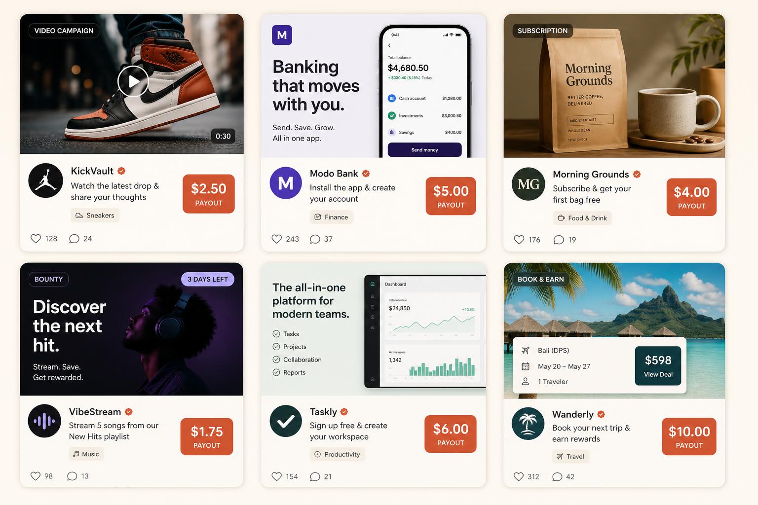 A diverse mix of campaign cards across categories