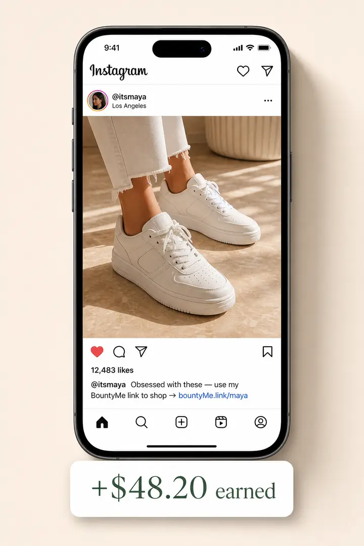 Creator's Instagram post with a shop link earning $48.20 as followers shop