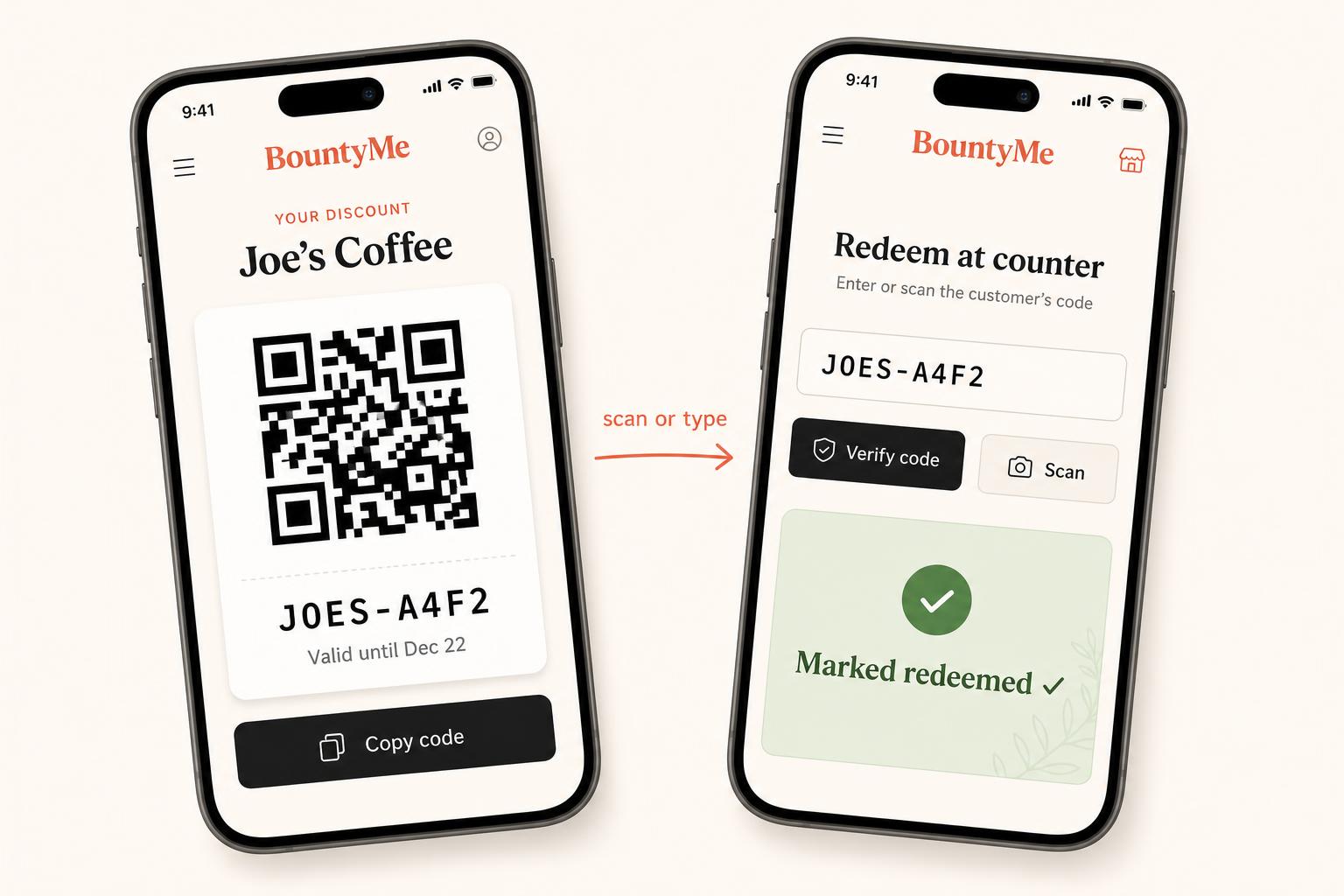 Customer's phone showing a QR discount code next to the business owner's phone scanning and marking it redeemed